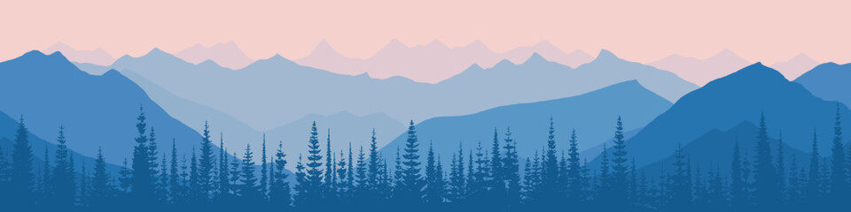 Sunrise in the mountains, seamless border, panoramic view, vector illustration	
