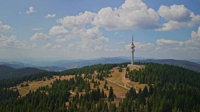 4K footage of drone flyover forest and trees with Snezhanka tower in the distance.