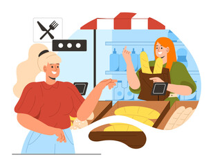 Selling eco products concept. Young girl buying baguettes and pastries. Seller of homemade bakery. Support your local shop. Street vendor and store. Cartoon flat vector illustration