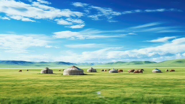 tourism mongolian yurts traditional illustration culture nomadic, rural house, grass outdoor tourism mongolian yurts traditional