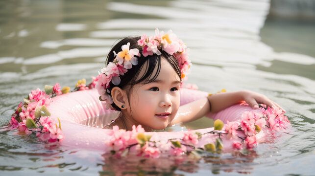 Little girl in the river with an inflatable baby swim ring