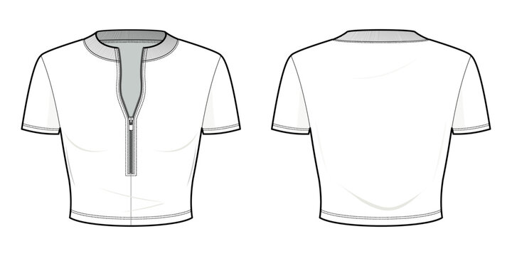 Fitted White Quarter Zip Cropped Tee Shirt Flat Technical Fashion Illustration. T-shirt Fashion Flat Technical Drawing Template, Front View, Back View, White Color, Women, CAD Mockup Set.