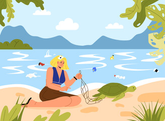 Obraz na płótnie Canvas Woman rescue turtle concept. Young girl ith net near animal. Care about ecology and nature. Trash and sea or ocean. Consequences of environmental pollution. Cartoon flat vector illustration