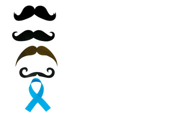 Moustaches and blue ribbon on white background with copy space, prostate cancer awareness 