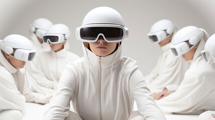 Girl in a white suit wearing augmented reality goggles in a meta universe