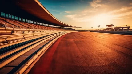 Poster Big race track backdrop. Outdoor Race Track Arena place, nobody. Empty Racing track with grandstands. © dinastya