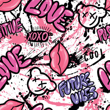 Girls seamless pattern with calligraphic slogan, hearts, words  . background for texylie, graphic tees, kids wear. Wallpaper for teenager girls. Fashion style