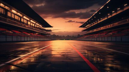 Big race track backdrop. Outdoor Race Track Arena place, nobody. Empty Racing track with grandstands.