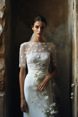 Charming bride in a white dress holds a bouquet of flowers in her hand