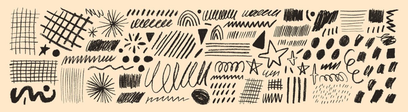 Various sketchy doodle shapes and lines. Charcoal or pencil grids, dots, stars, wavy lines, squiggle and swirls.
