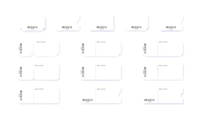 Blank ticket with barcode. Realistic mockup coupon template. Vector isolated illustration on transparent background