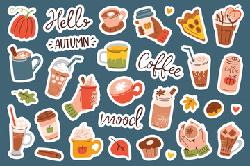 Hand drawn stickers collection, coffee doodle icons, vector illustrations of cups, mugs and glasses with autumn drinks, pumpkin spice latte, isolated colored clipart on blue background