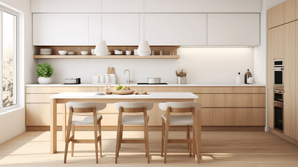 Empty minimalist kitchen with scandinavian style with wooden and white details. Luxury kitchen interior in white tone