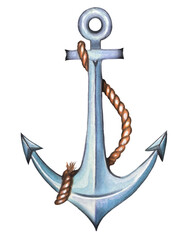 Metal ship anchor. Nautical watercolor illustration