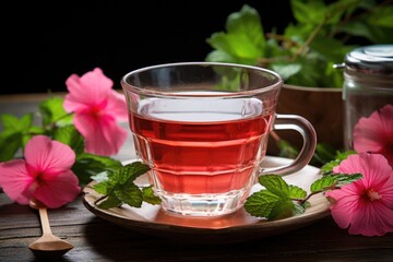 a transparent glass teacup of hibiscus tea 