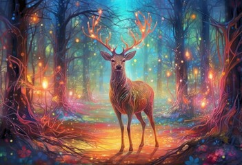 a deer standing in the forest with a glowing light, in the style of romantic illustrations