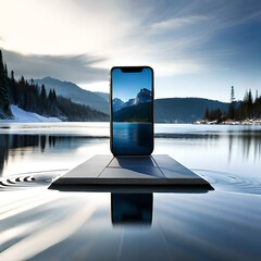 hand phone on the beach with beautiful view generative Ai