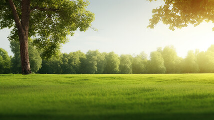 Obraz premium Green lawn with copyspace and flare. Generative AI