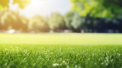Fototapeta premium Green lawn with copyspace and flare. Generative AI