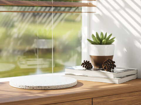 3d display podium on wooden table with succulent pot and pinecones on books near window. 3d rendering of product presentation. 3d illustration.