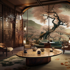 Ausblick Holz Kaffeezeit Dekoration Essen Wohnraum gem&uuml;tlich Raum Sessel Tisch GeschirrView wood coffee time decoration food living room cozy room armchair table dishes