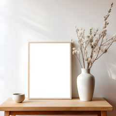 poster mockup on minimalist wooden table with plant decoration and natural light