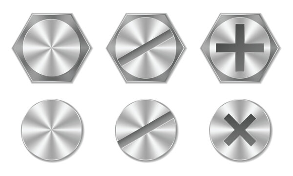 Set of metal bolt heads. Screw and bolt heads top view. Steel metal bolts. Vector illustration