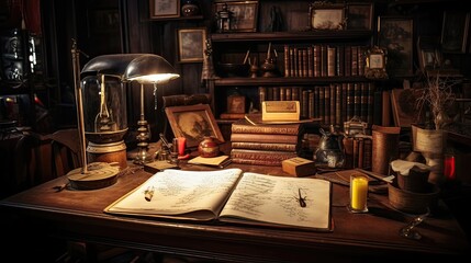 Literary immersion, timeless creativity, vintage decor, writer's craftsmanship, classic quills and inkwells, author's haven, writing tradition. Generated by AI. - obrazy, fototapety, plakaty