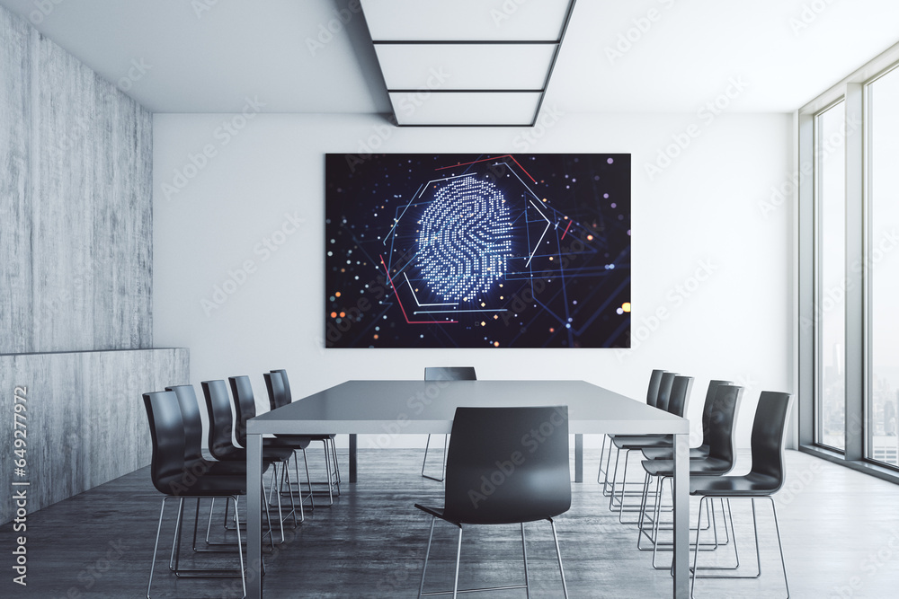 Poster Abstract creative fingerprint illustration on presentation screen in a modern conference room, digital access concept. 3D Rendering