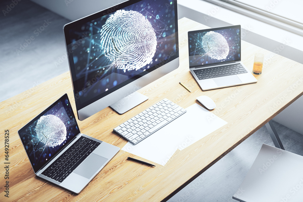 Poster Abstract creative fingerprint concept on modern laptop screen. 3D Rendering