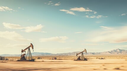 Arid terrain, drilling operations, fossil fuel extraction, desert vistas, oil industry, industrial juxtaposition, natural resource exploitation. Generated by AI. - obrazy, fototapety, plakaty