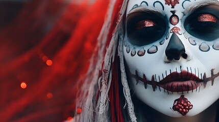 Closeup portrait of Calavera Catrina, young woman with halloween sugar skull makeup. Dia de los muertos. Day of The Dead.