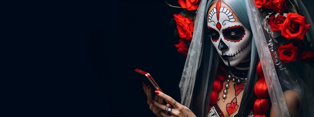 Closeup portrait of halloween girl Calavera Catrina, using her smartphone