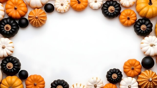 Frame of orange and black halloween and thanksgiving pumpkins on white background