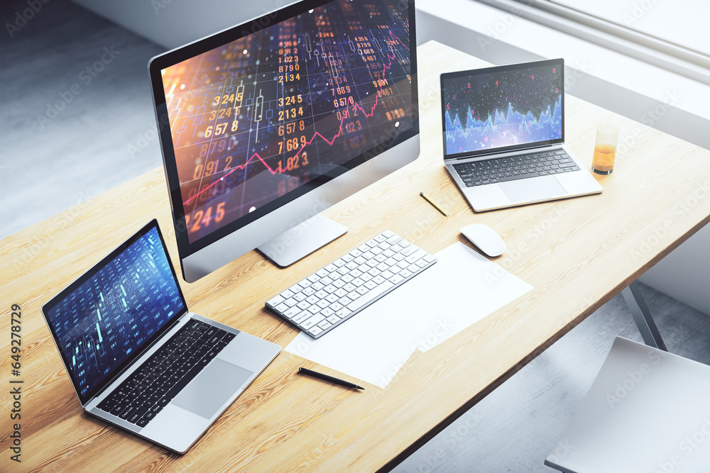 Aufkleber modern computer monitor with abstract statistics data hologram interface, computing and analytics co