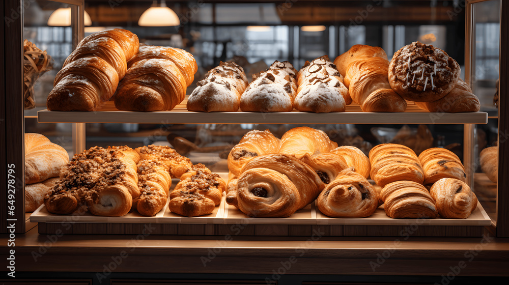 Wall mural Delicious assorted pastry and bread arranged on tray selling at bakery shop, fresh sweet pastry and baked bread in a bakery window display