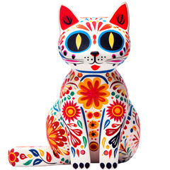 Colorful figurine of a sugar cat with flower patterns for the Day of the Dead on white background