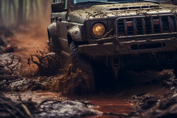 Close-up view of a car driving through the mud. off-road travel