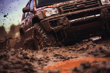Fototapeta na wymiar Close-up view of a car driving through the mud. off-road travel