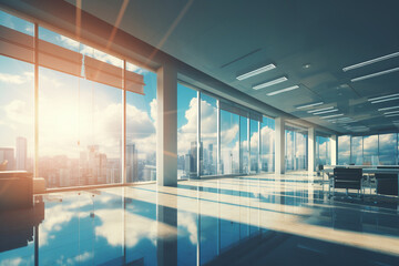 Empty office open space interior. sunlight coming from windows. Business conference company background. 