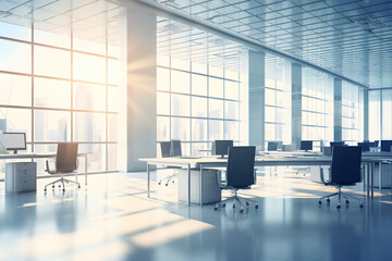 Empty office open space interior. sunlight coming from windows. Business conference company background. 