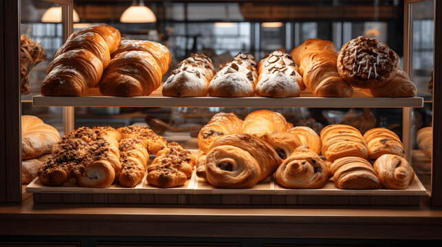 Delicious assorted pastry and bread arranged on tray selling at bakery shop, fresh sweet pastry and baked bread in a bakery window display