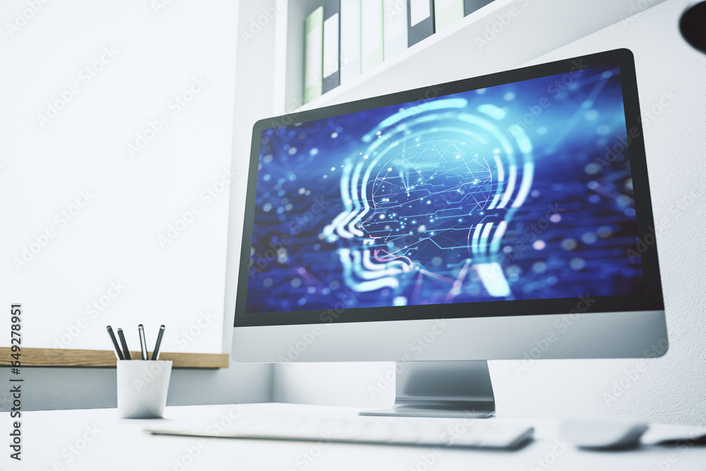 Poster creative artificial intelligence concept with human head hologram on modern laptop screen. 3d render