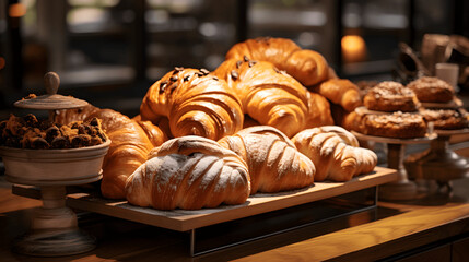 Varity of pastries and bread in wicker basket on modern bakery shop. Food and bakery in kitchen concept