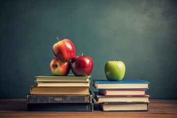 Stack of books with apples on a gray background