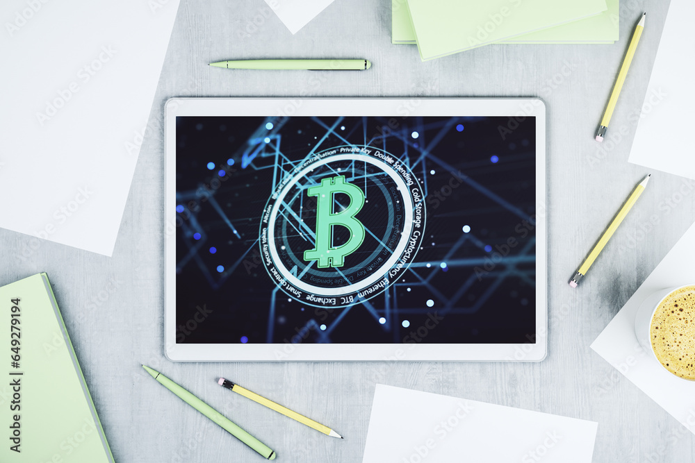 Poster Creative Bitcoin concept on modern digital tablet screen. Top view. 3D Rendering