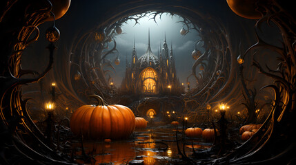 Happy Halloween background (backdrop, banner, backdrop). Enchanted, futuristic, surrealistic scenery with pumpkin heads and typical Halloween elements