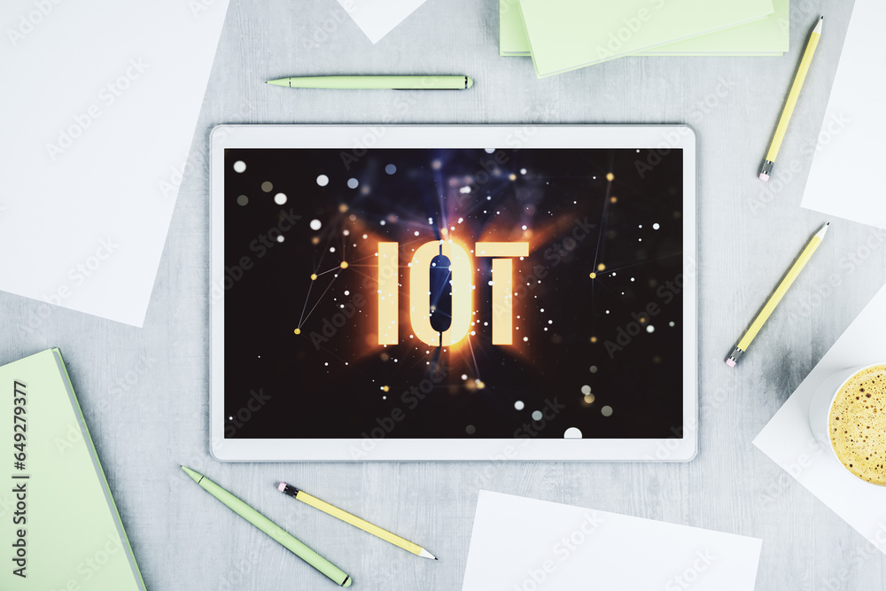 Aufkleber Creative IOT concept on modern digital tablet screen. Top view. 3D Rendering