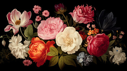 Flowers of various colors, vintage style, black background, Generative AI