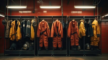 Crucial firefighting equipment, safety attire, orderly presentation, first responders' gear, preparedness for emergencies, protective clothing. Generated by AI. - obrazy, fototapety, plakaty